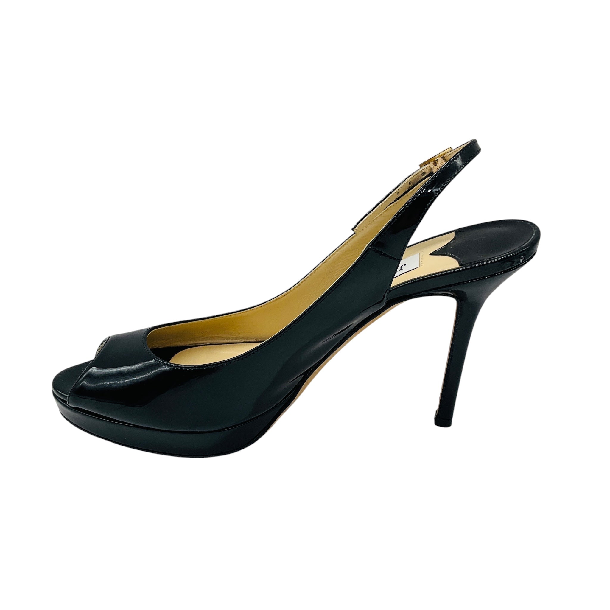 Jimmy Choo Black Patent Leather Open Toe Slingback Pumps
