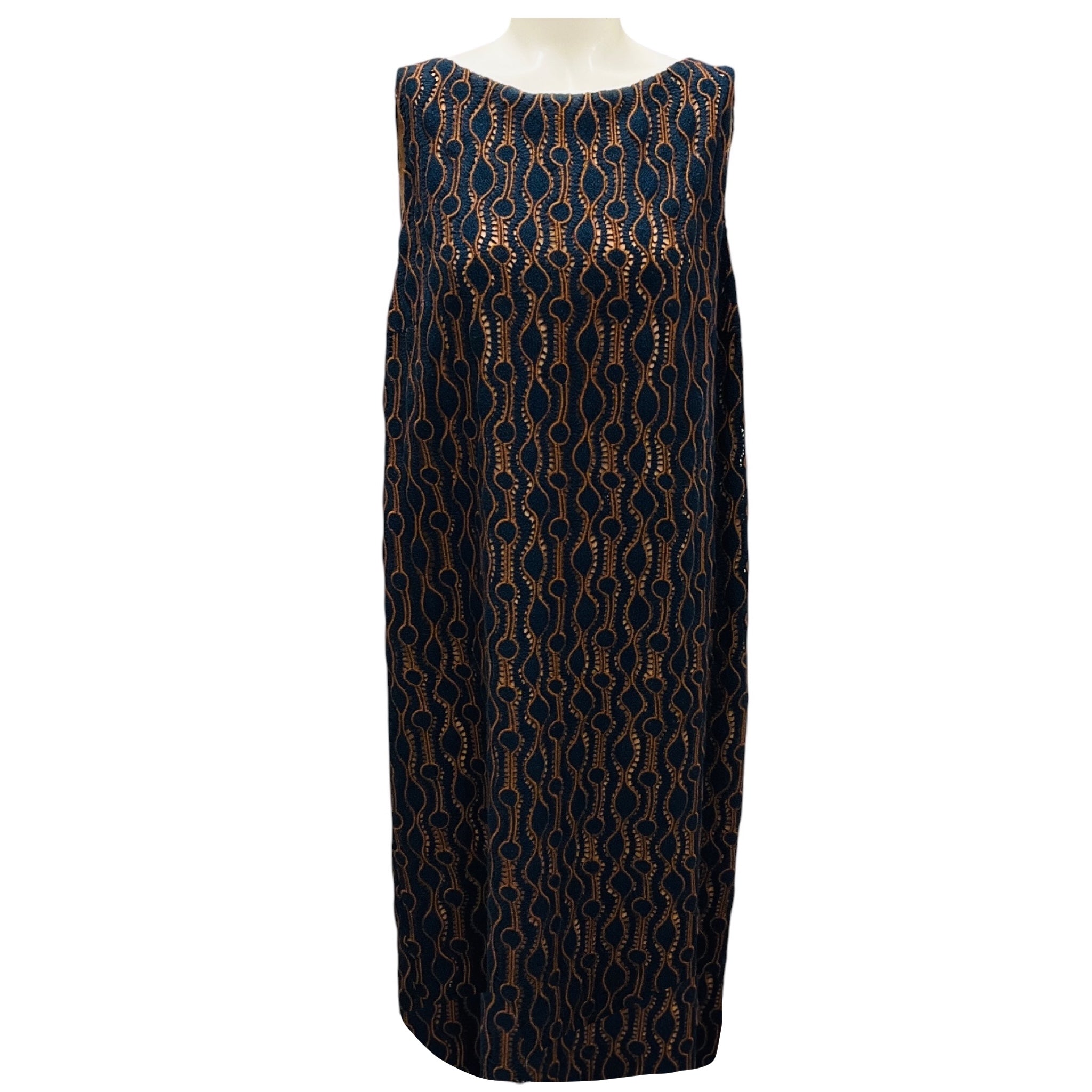 Piazza Sempione Navy / Brown Embroidered Knit Sleeveless Shift Dress