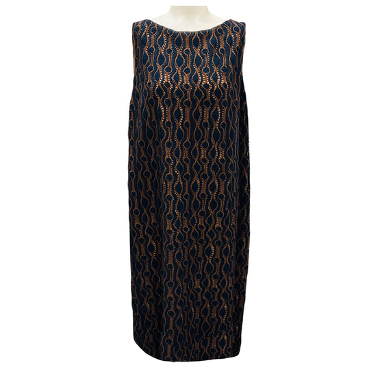 Piazza Sempione Navy / Brown Embroidered Knit Sleeveless Shift Dress
