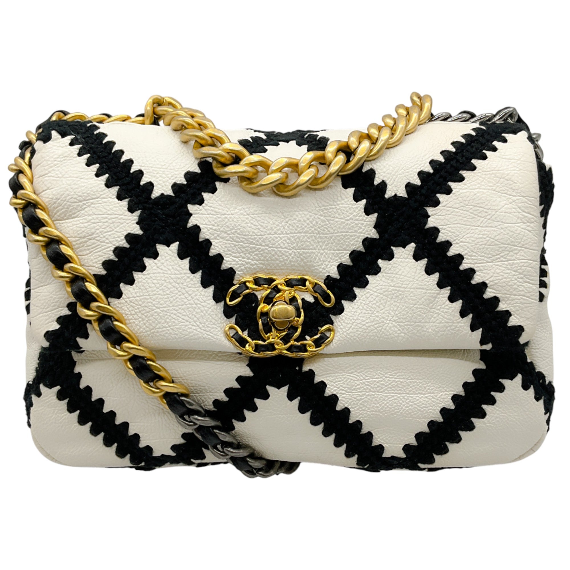 Chanel 2021 White Leather / Black Crochet Medium 19 Flap Bag