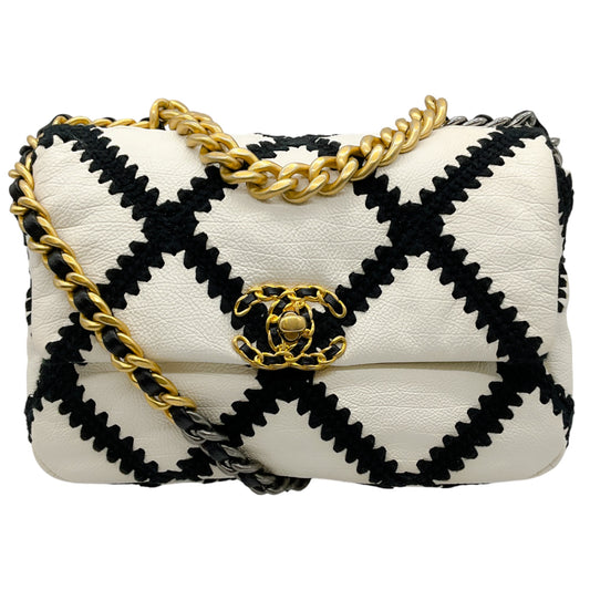 Chanel 2021 White Leather / Black Crochet Medium 19 Flap Bag