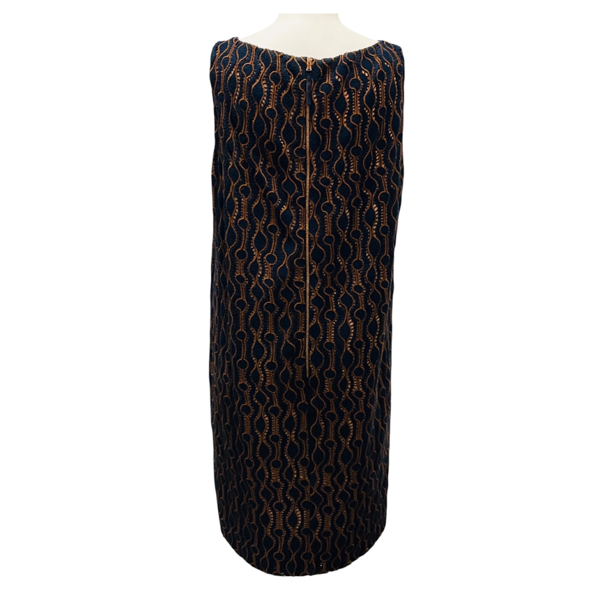 Piazza Sempione Navy / Brown Embroidered Knit Sleeveless Shift Dress