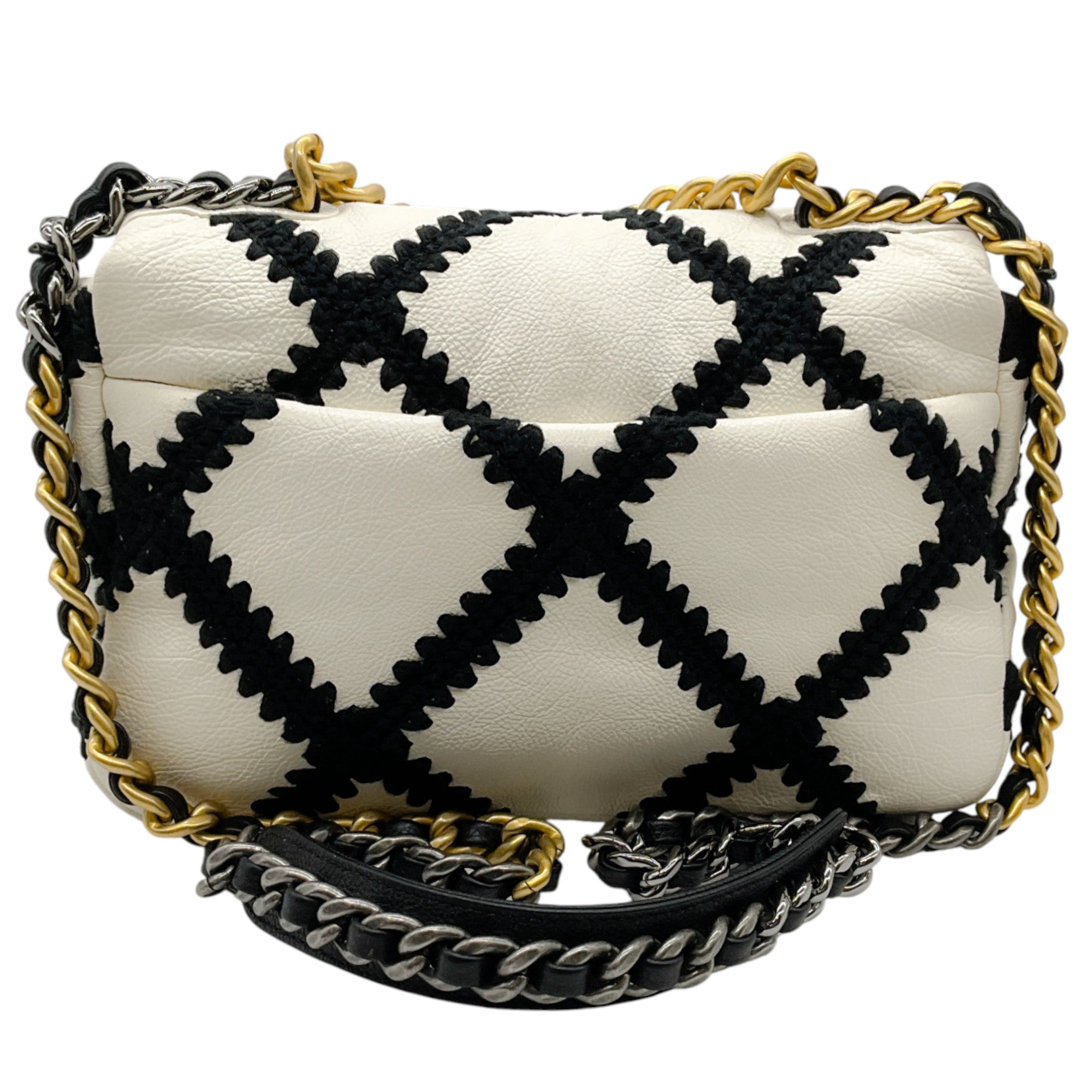 Chanel 2021 White Leather / Black Crochet Medium 19 Flap Bag