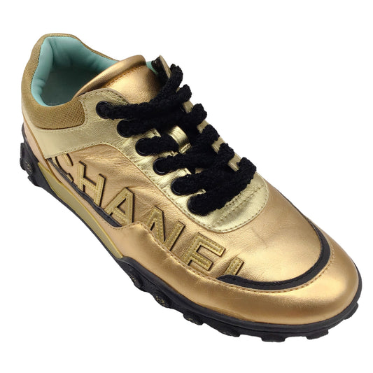 Chanel Gold Metallic / Black Logo Embellished Low-Top Leather Sneakers
