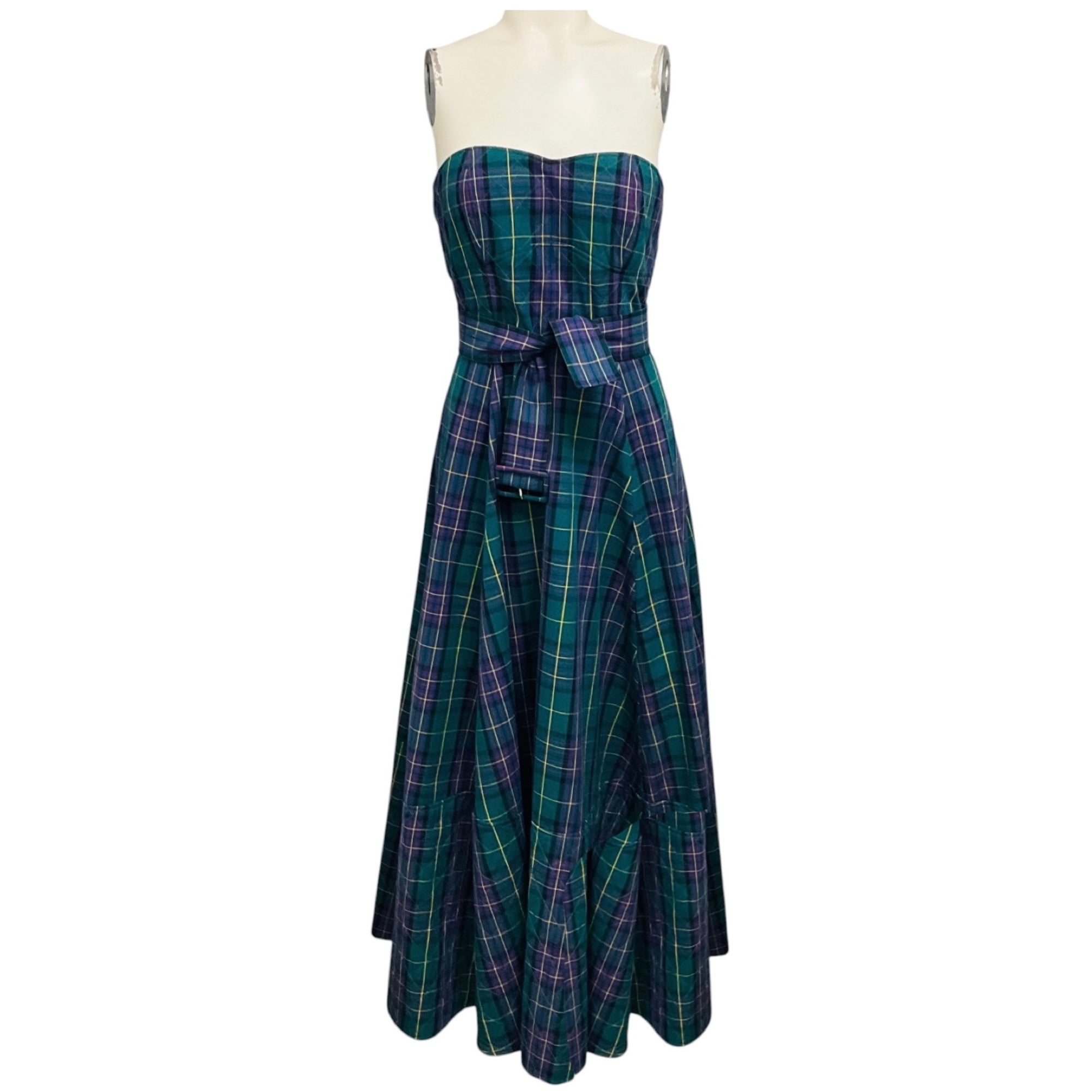 Hunter Bell Green / Blue Multi Tartan Print Strapless Midi Dress with Belt