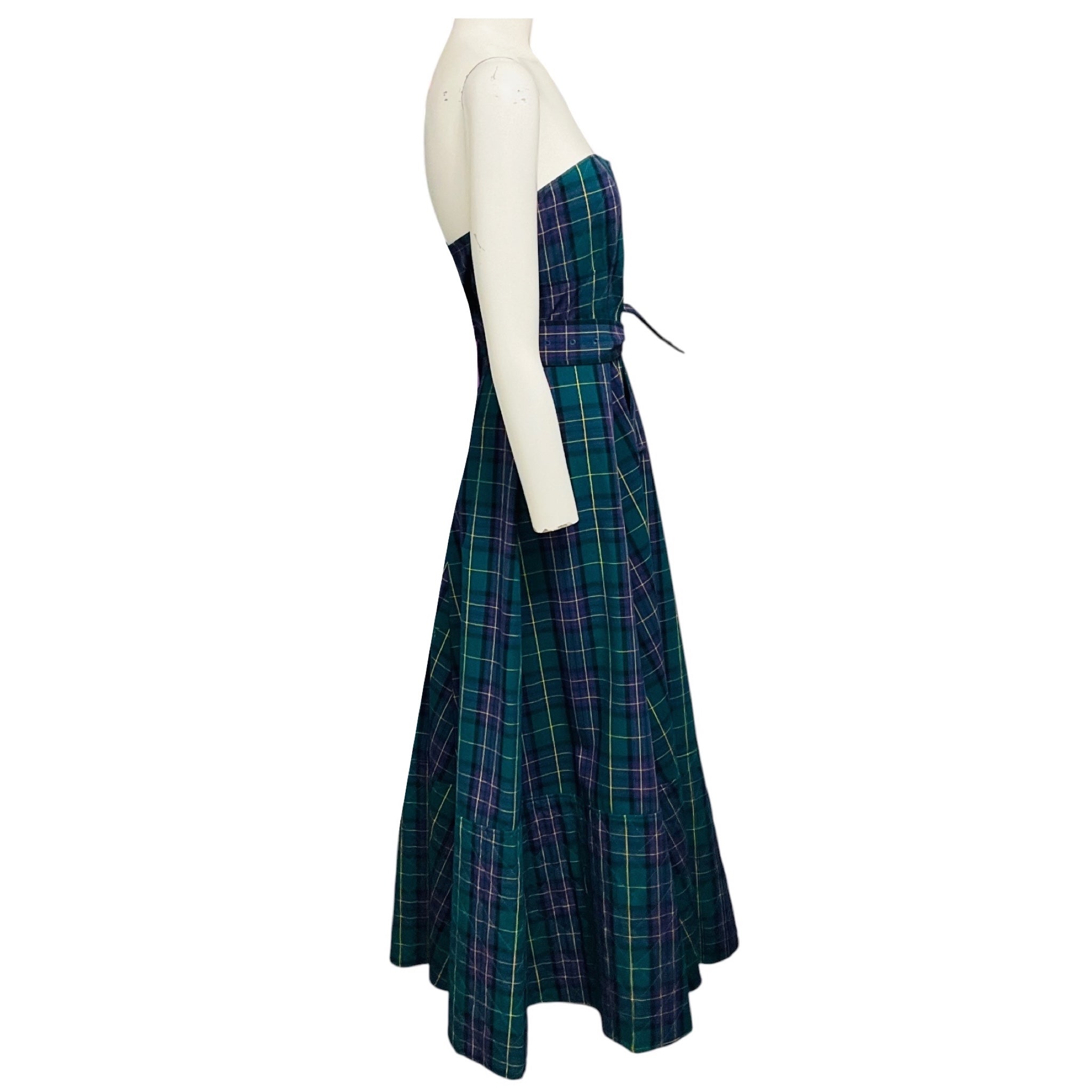 Hunter Bell Green / Blue Multi Tartan Print Strapless Midi Dress with Belt