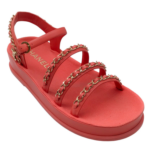 Chanel Coral / Gold CC Logo Chain Detail Flat Platform Calfskin Leather Sandals