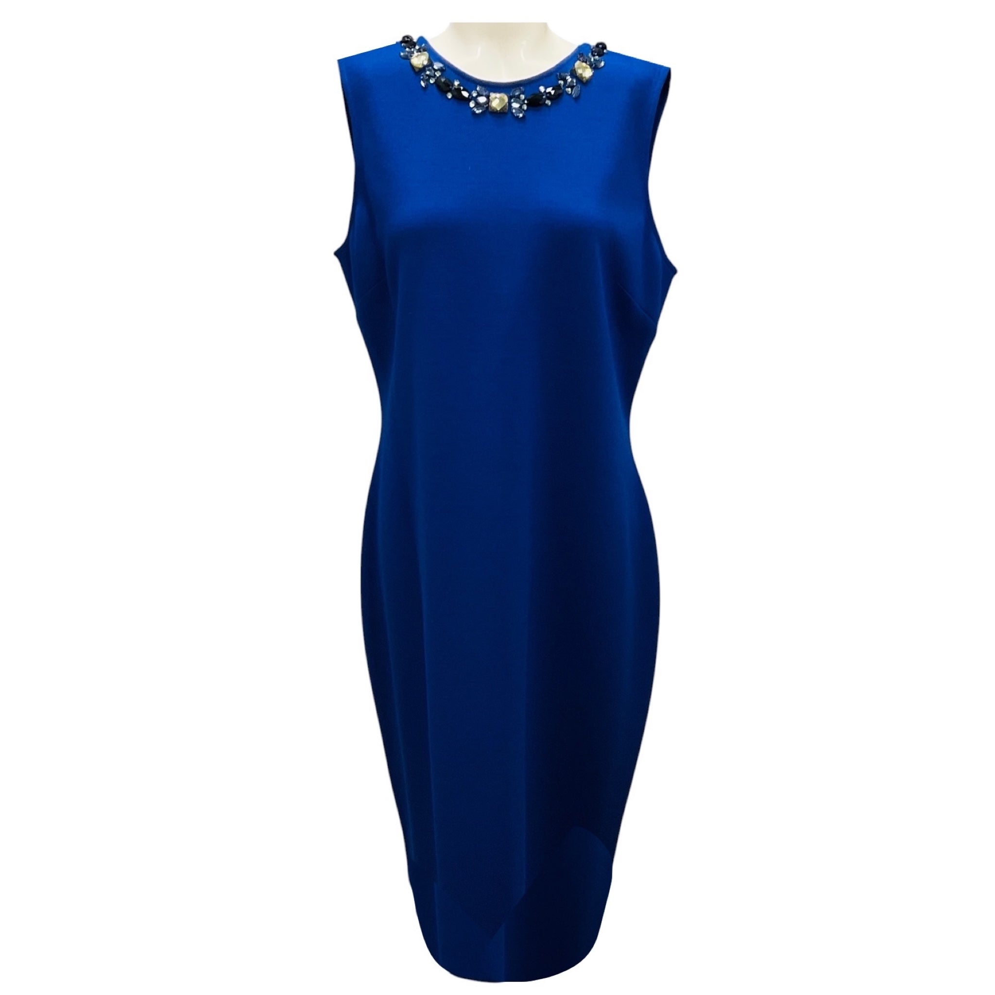 St. John Blue Jewel Embellished Neck Sleeveless Knit Shift Dress