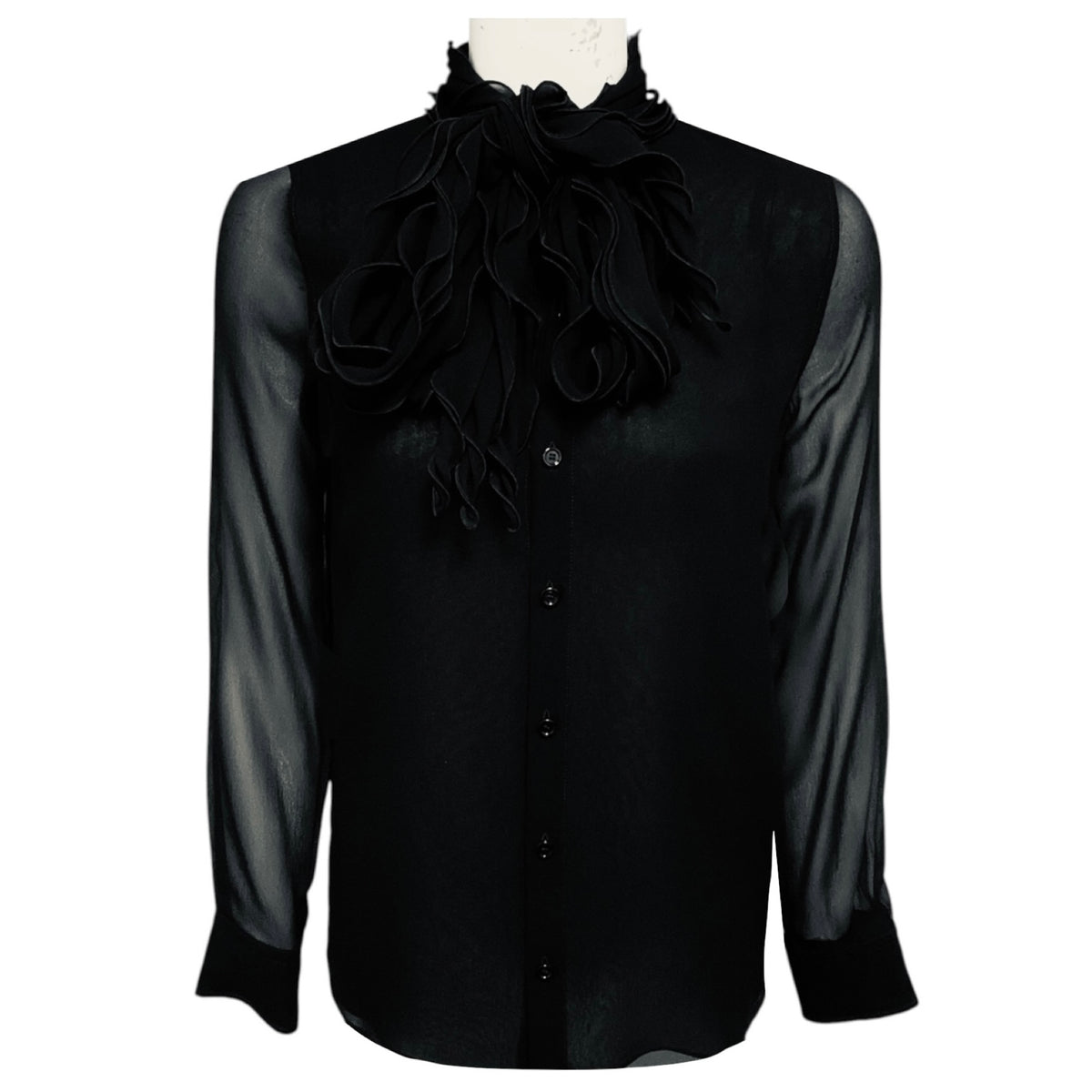 Burberry Black Ruffled Tie Neck Long Sleeved Silk Blouse