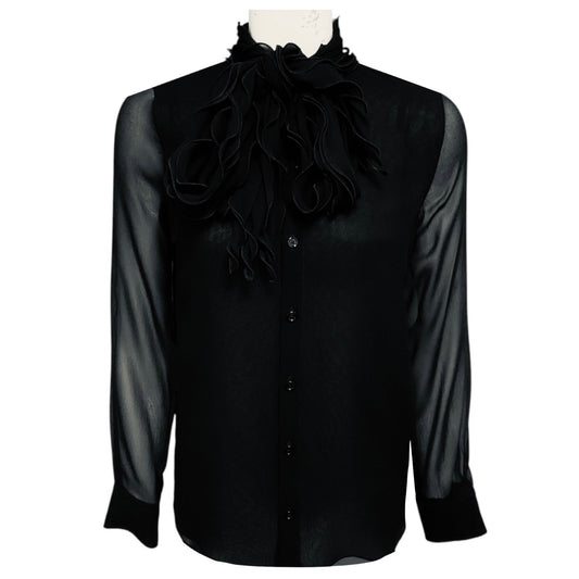 Burberry Black Ruffled Tie Neck Long Sleeved Silk Blouse