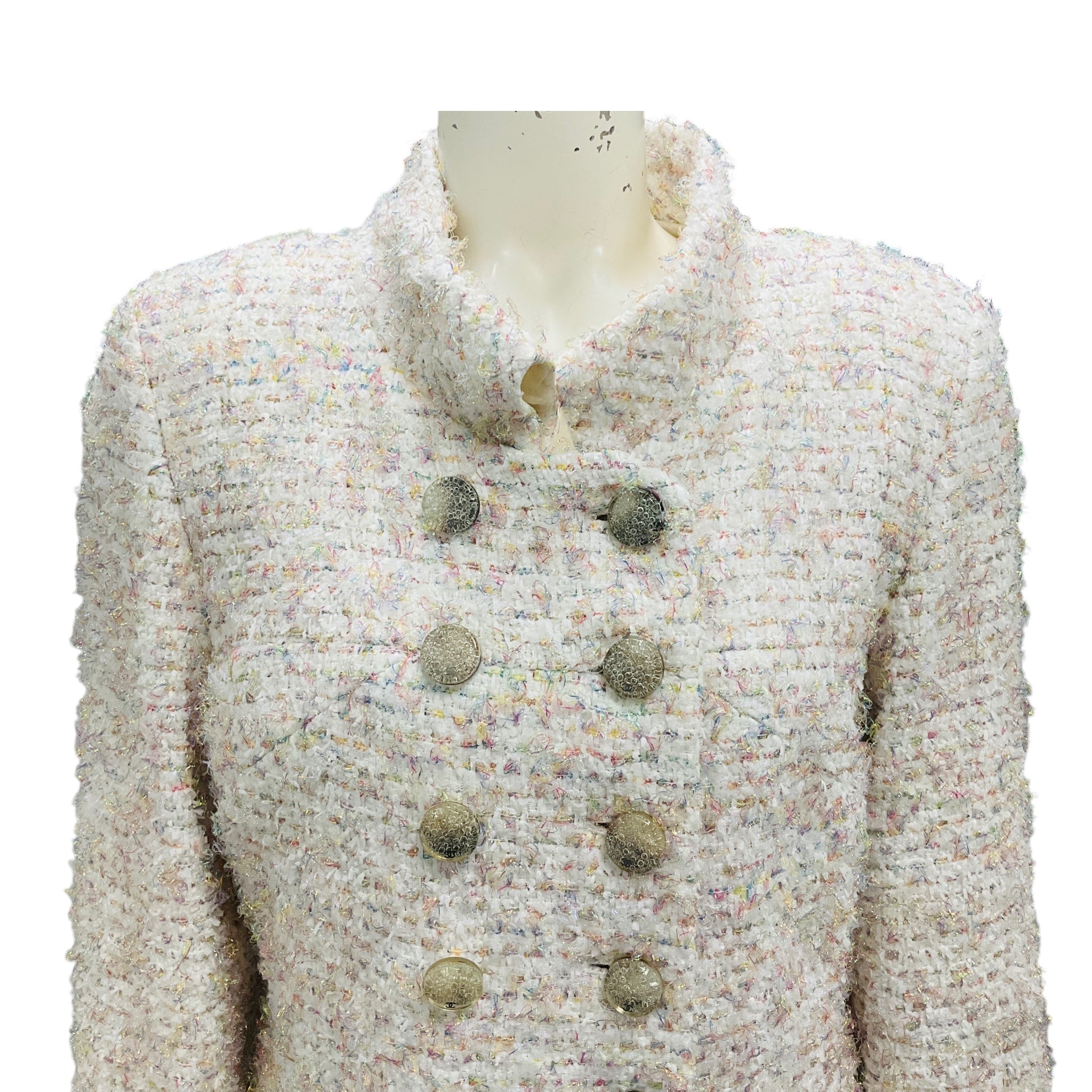 Chanel RARE White / Pink Multi Metallic Fantasy Tweed Coat