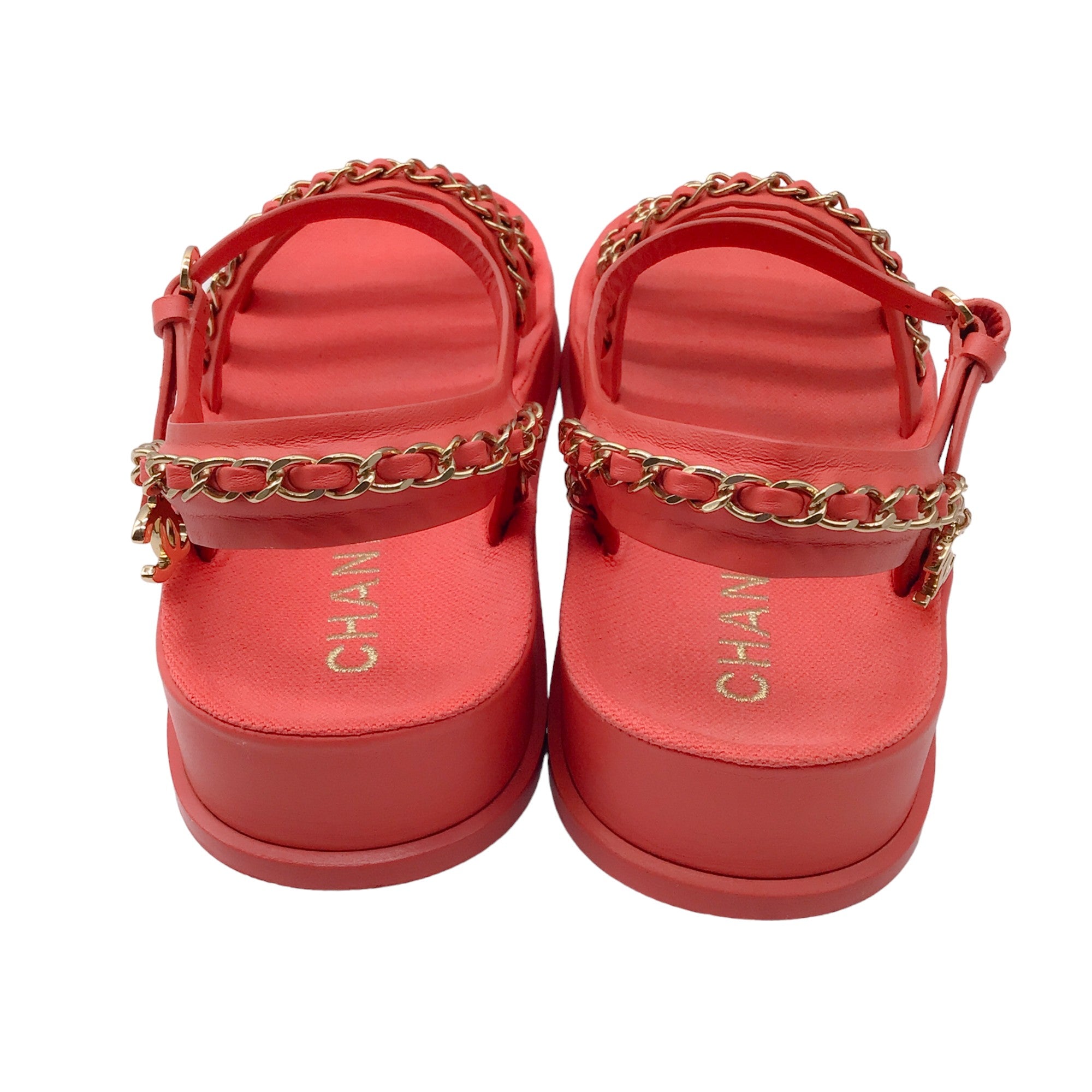 Chanel Coral / Gold CC Logo Chain Detail Flat Platform Calfskin Leather Sandals