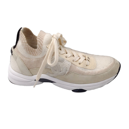 Chanel Ivory CC Logo Suede Leather Trimmed Knit Sneakers