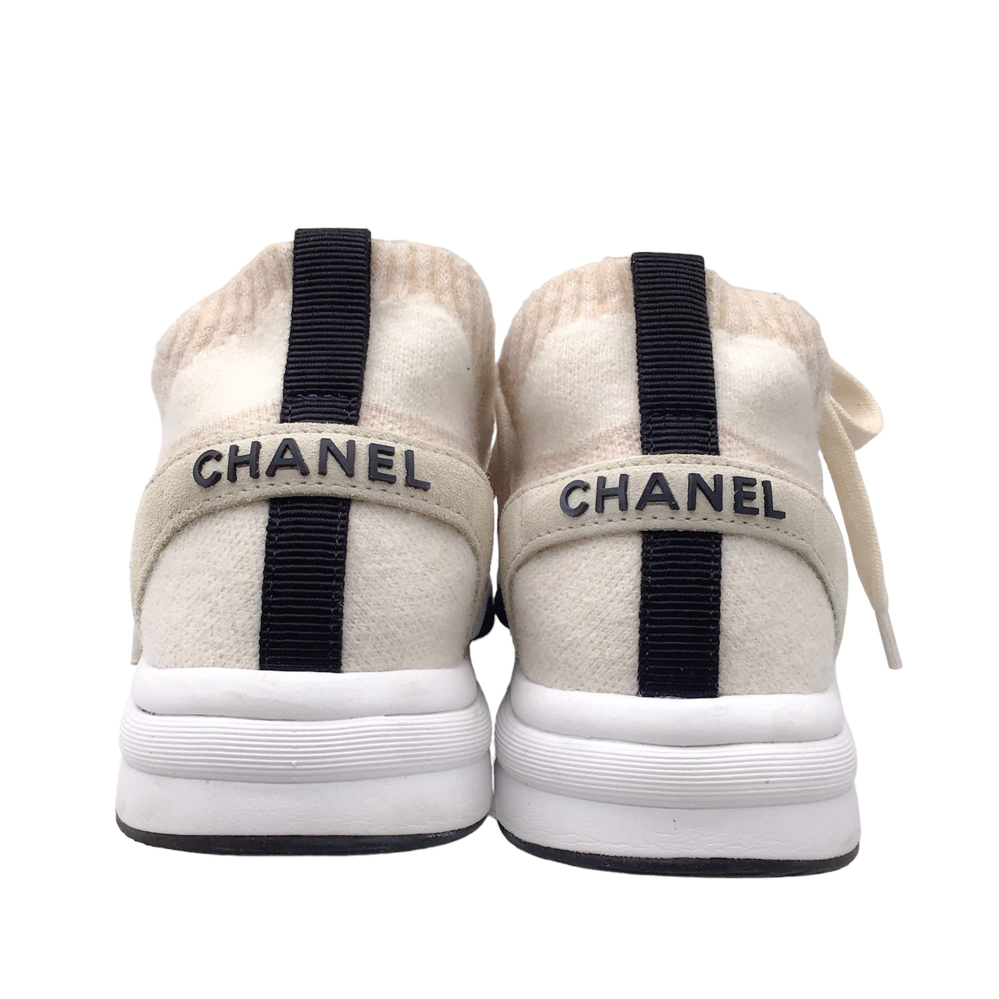Chanel Ivory CC Logo Suede Leather Trimmed Knit Sneakers