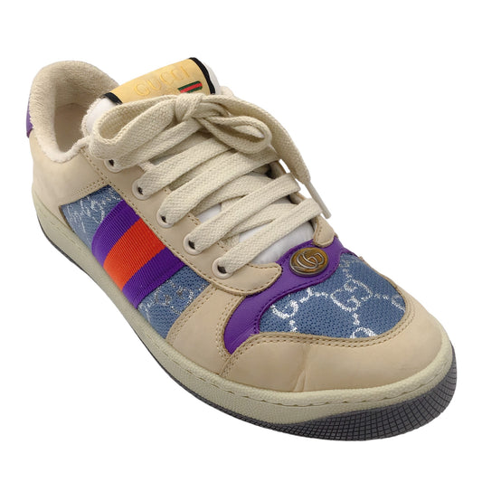 Gucci Beige / Blue / Purple Web Stripe GG Monogram Lame and Leather Low Top Screener Sneakers