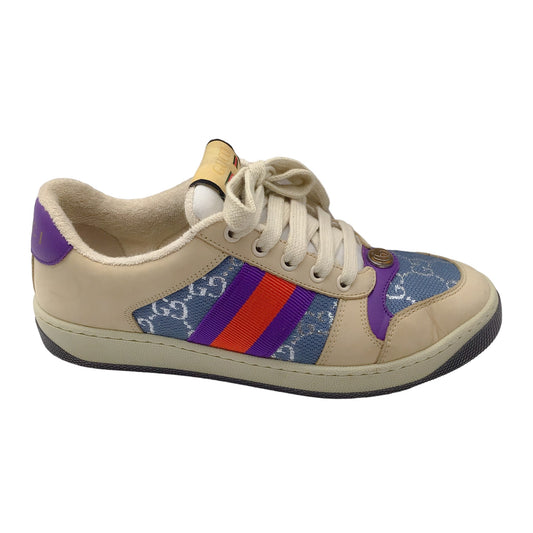 Gucci Beige / Blue / Purple Web Stripe GG Monogram Lame and Leather Low Top Screener Sneakers