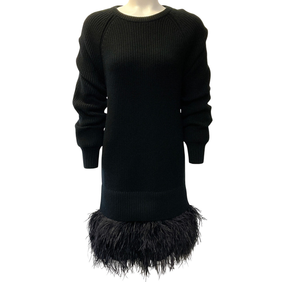 Michael Kors Collection Black Cashmere Knit Dress with Feather Trim
