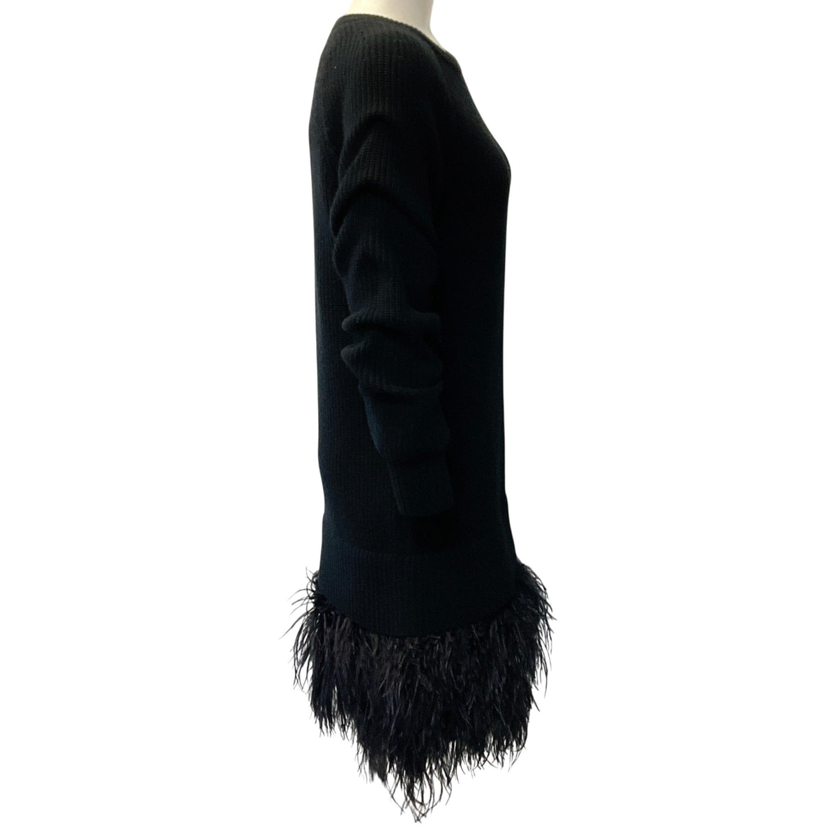 Michael Kors Collection Black Cashmere Knit Dress with Feather Trim