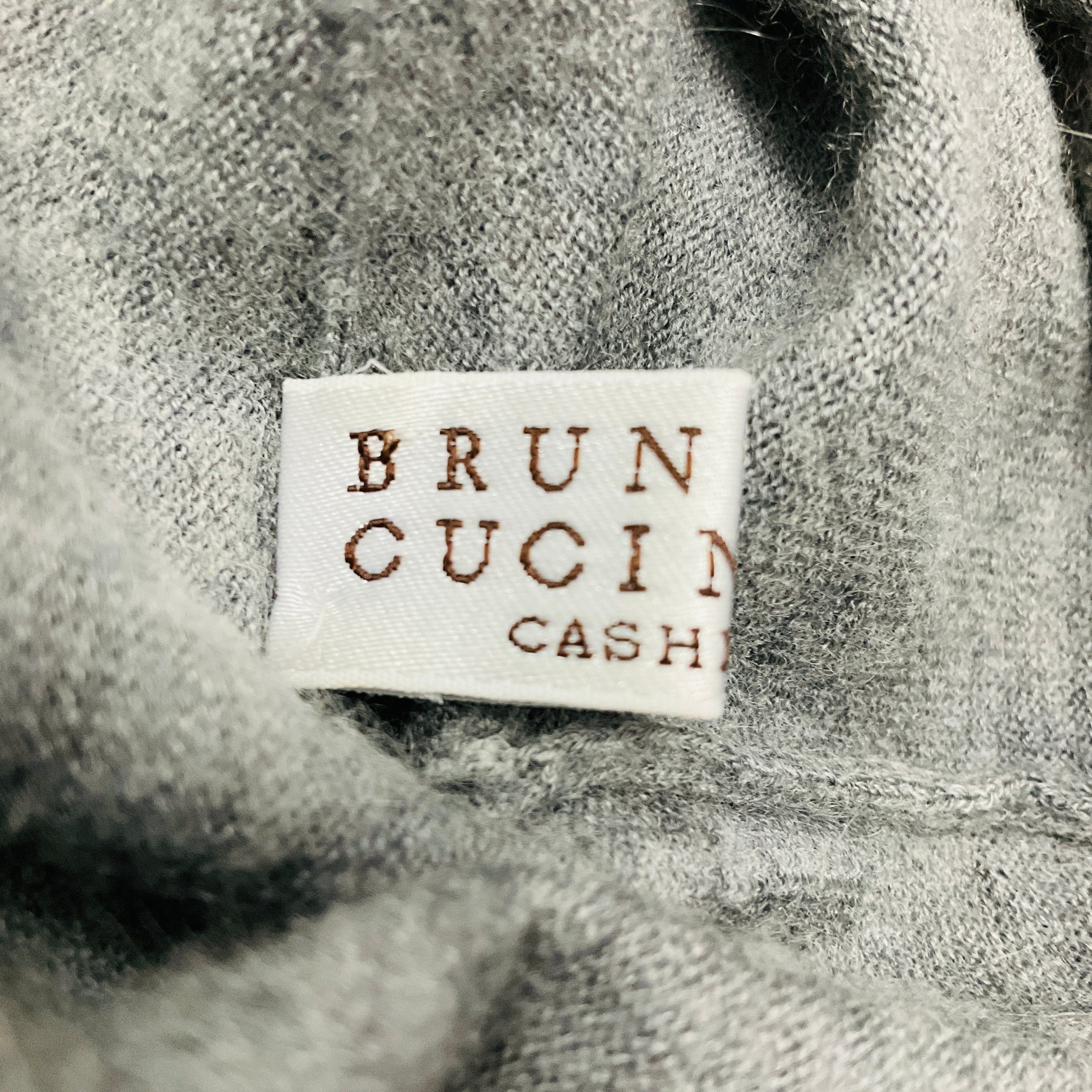 Brunello Cucinelli Grey Ruched Rhinestone Embellished Long Sleeved Mock Neck Fine Knit Cashmere Sweater
