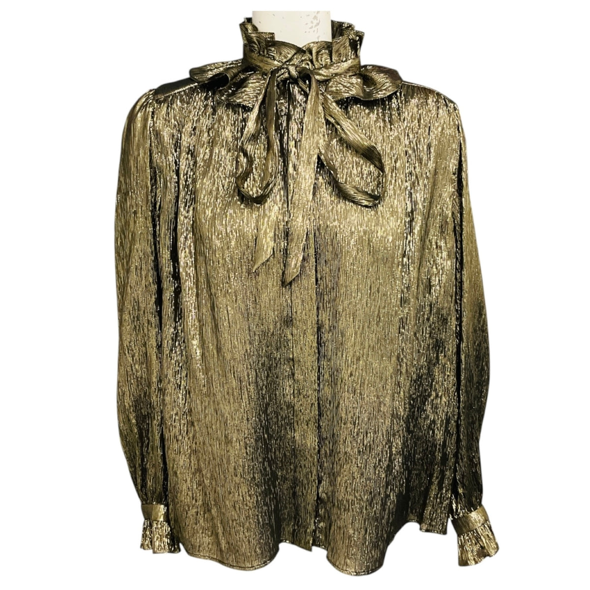 Chloe Gold Metallic Ruffled Tie Neck Lurex Blouse