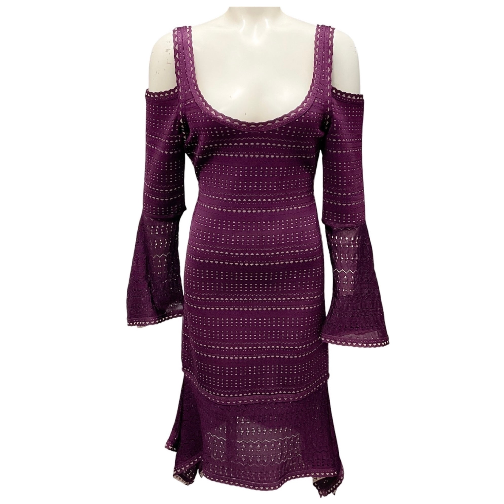 Herve Leger Bordeaux Combo Kamryn Cold Shoulder Stretch Pointelle Knit Cocktail Dress