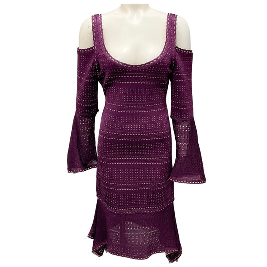 Herve Leger Bordeaux Combo Kamryn Cold Shoulder Stretch Pointelle Knit Cocktail Dress