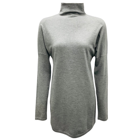 Brunello Cucinelli Grey Ruched Rhinestone Embellished Long Sleeved Mock Neck Fine Knit Cashmere Sweater