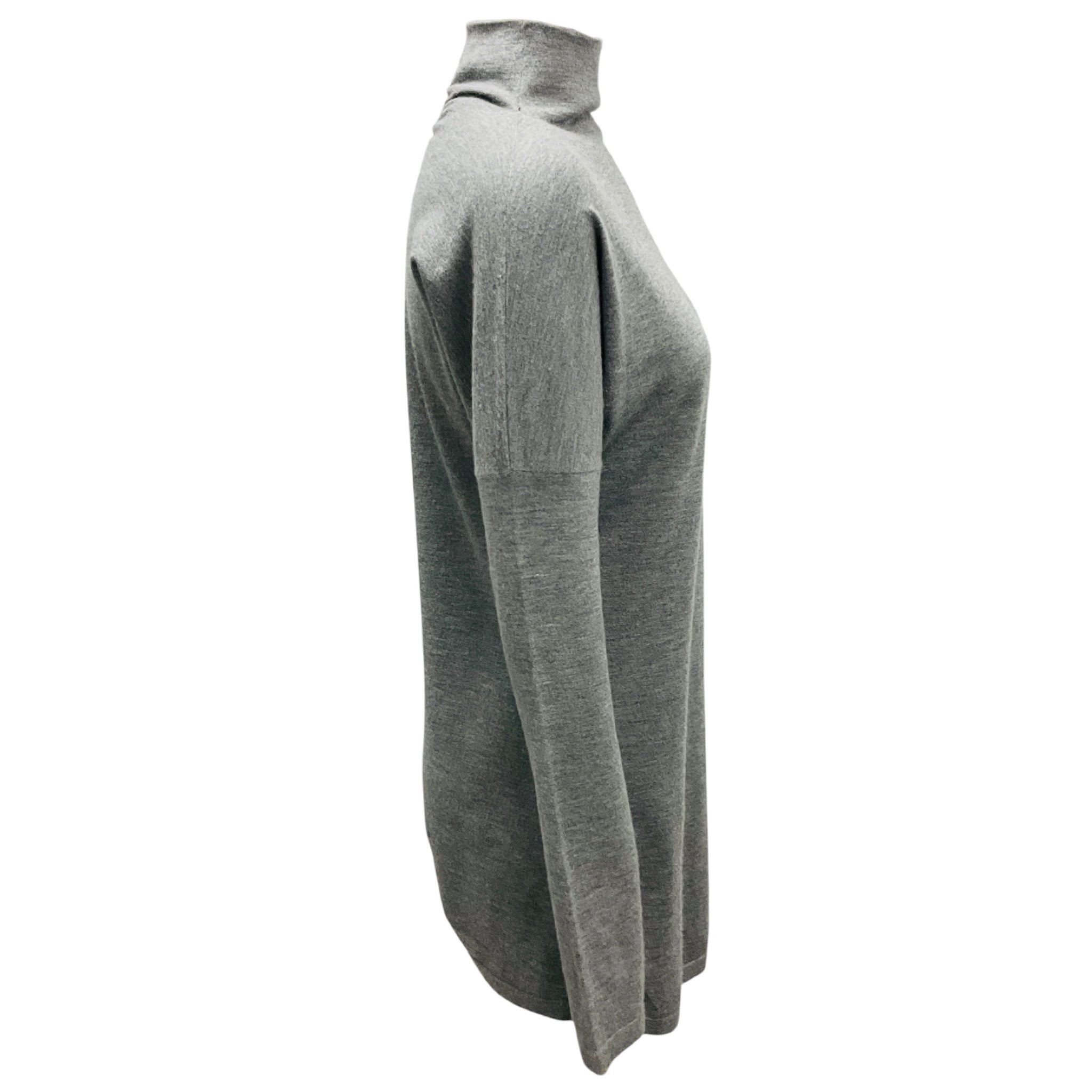 Brunello Cucinelli Grey Ruched Rhinestone Embellished Long Sleeved Mock Neck Fine Knit Cashmere Sweater
