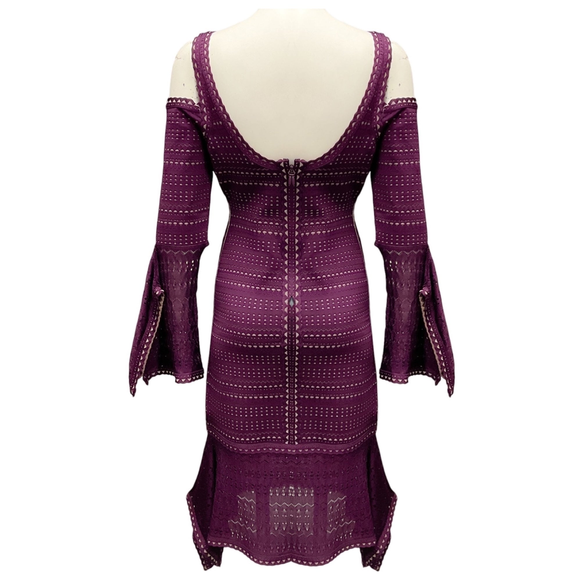 Herve Leger Bordeaux Combo Kamryn Cold Shoulder Stretch Pointelle Knit Cocktail Dress