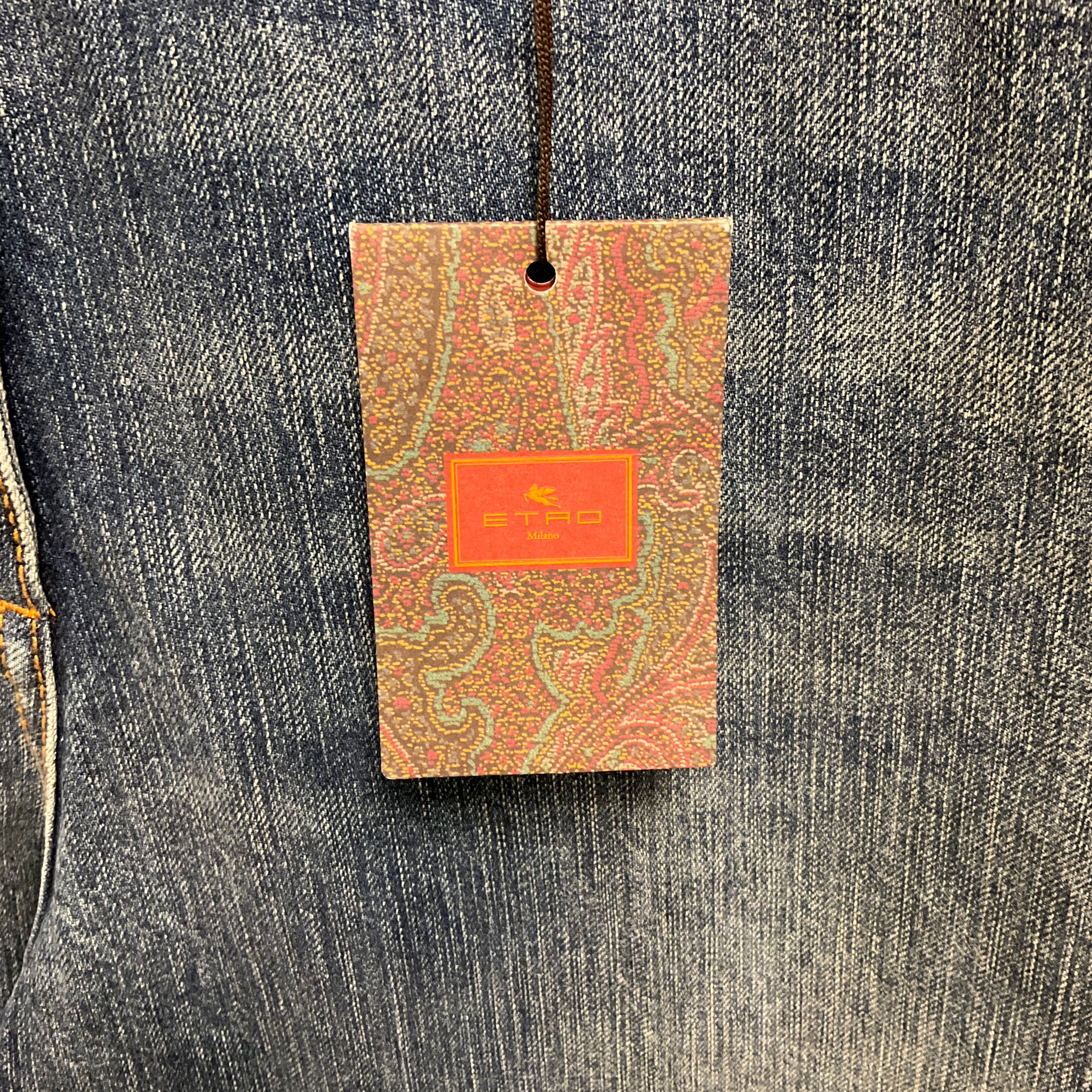 Etro Dark Blue Wash Five Pocket Wide Leg Embroidered Pocket Cotton Jeans