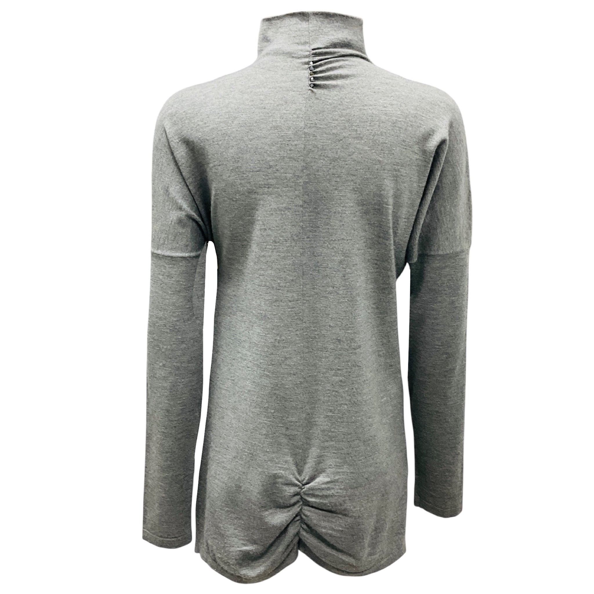 Brunello Cucinelli Grey Ruched Rhinestone Embellished Long Sleeved Mock Neck Fine Knit Cashmere Sweater