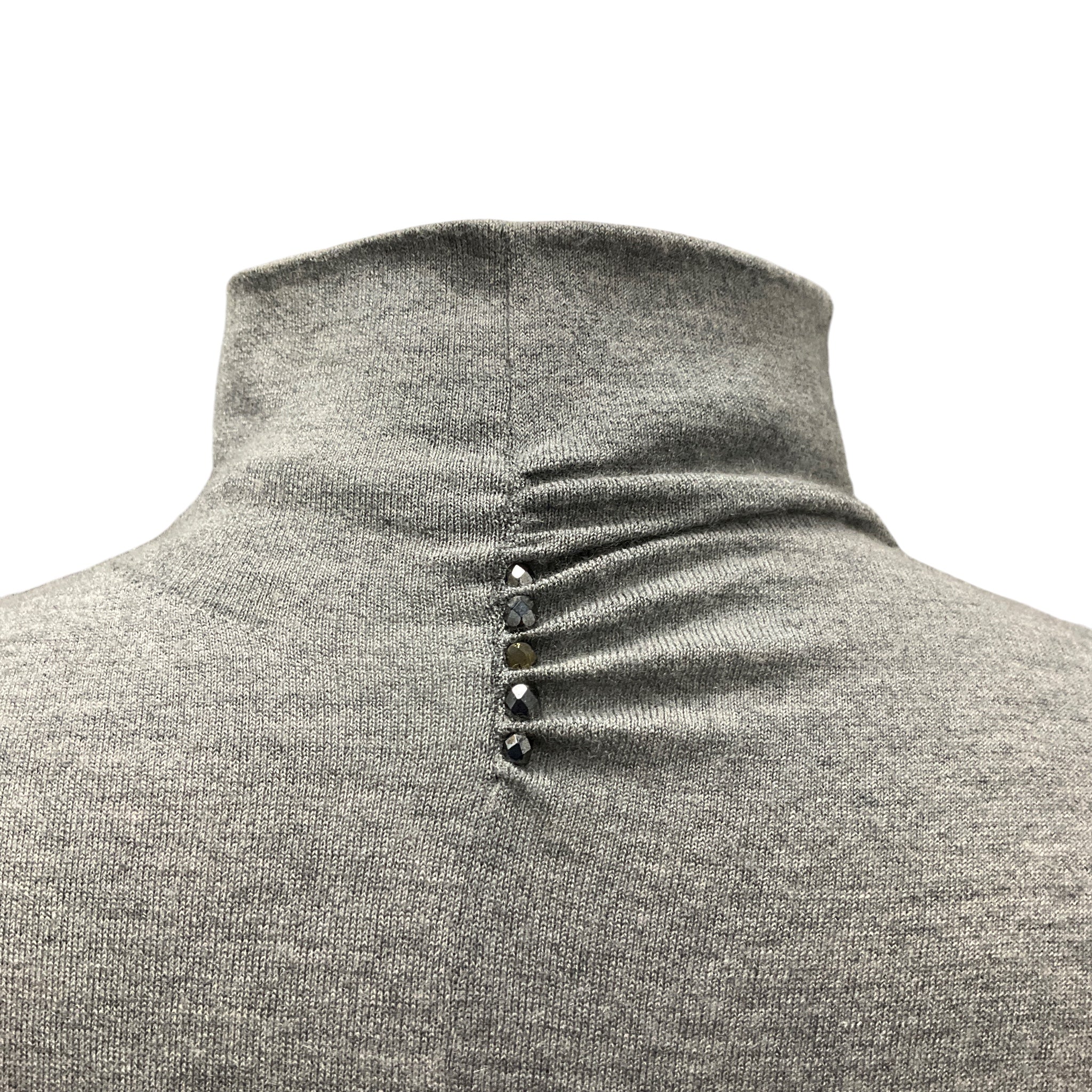 Brunello Cucinelli Grey Ruched Rhinestone Embellished Long Sleeved Mock Neck Fine Knit Cashmere Sweater