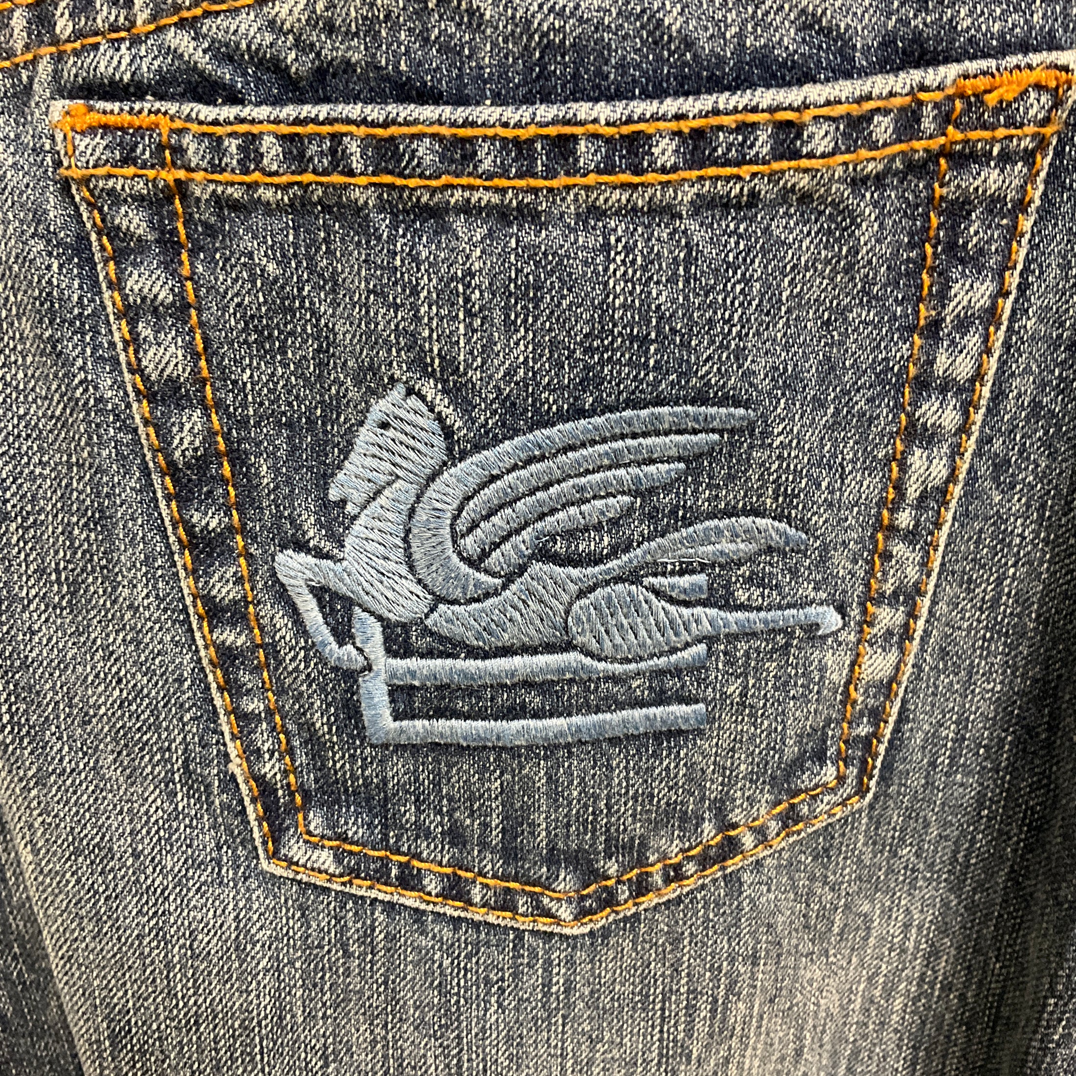 Etro Dark Blue Wash Five Pocket Wide Leg Embroidered Pocket Cotton Jeans