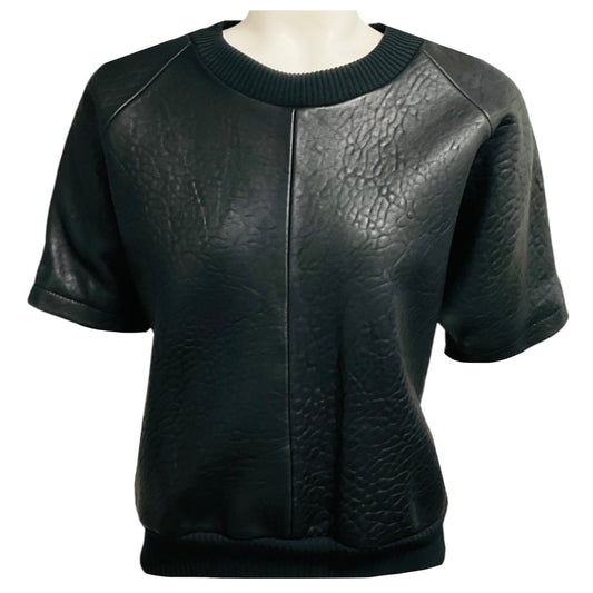 Vera Wang Collection Black Lamb Leather Short Sleeved Top