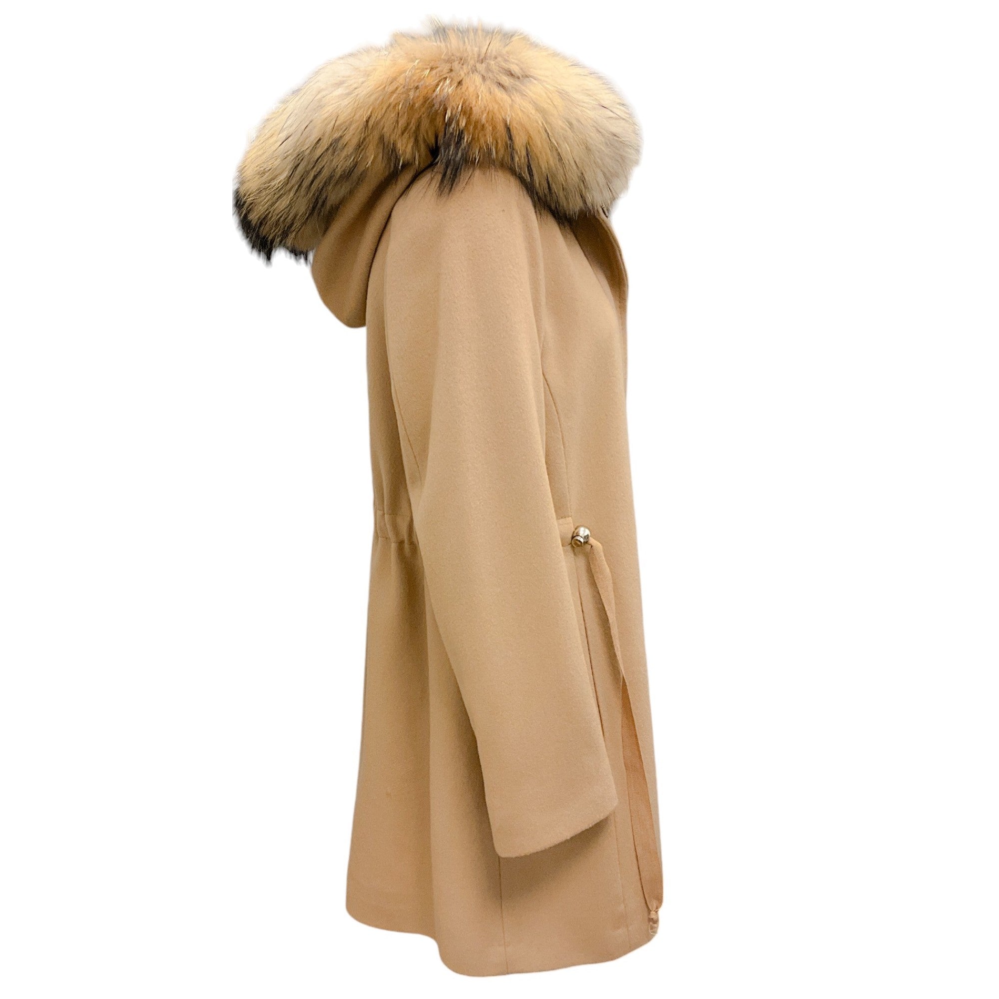 Fleurette Camel Raccoon Fur Trimmed Hooded Wool Coat