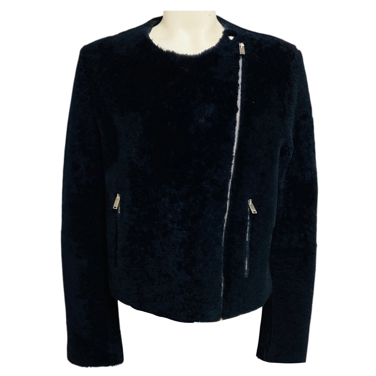 Celine Navy Blue Zip Front Lambskin Shearling Jacket