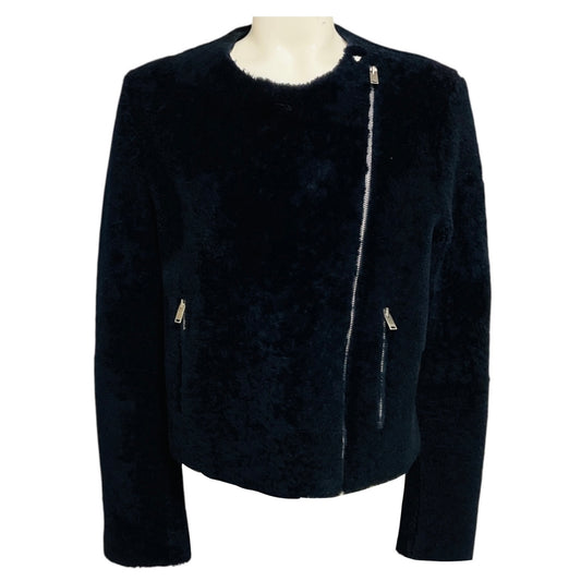 Celine Navy Blue Zip Front Lambskin Shearling Jacket
