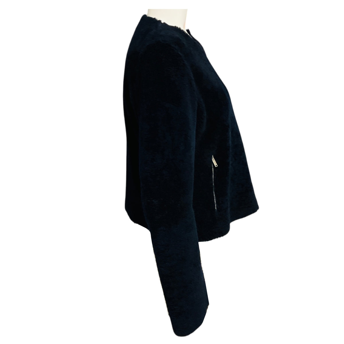 Celine Navy Blue Zip Front Lambskin Shearling Jacket
