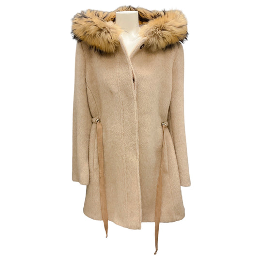 Fleurette Dark Beige Raccoon Fur Trimmed Hooded Wool and Alpaca Coat