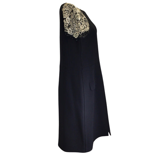Oscar de la Renta Black Crystal Embellished Short Sleeved Wool Stretch Midi Dress