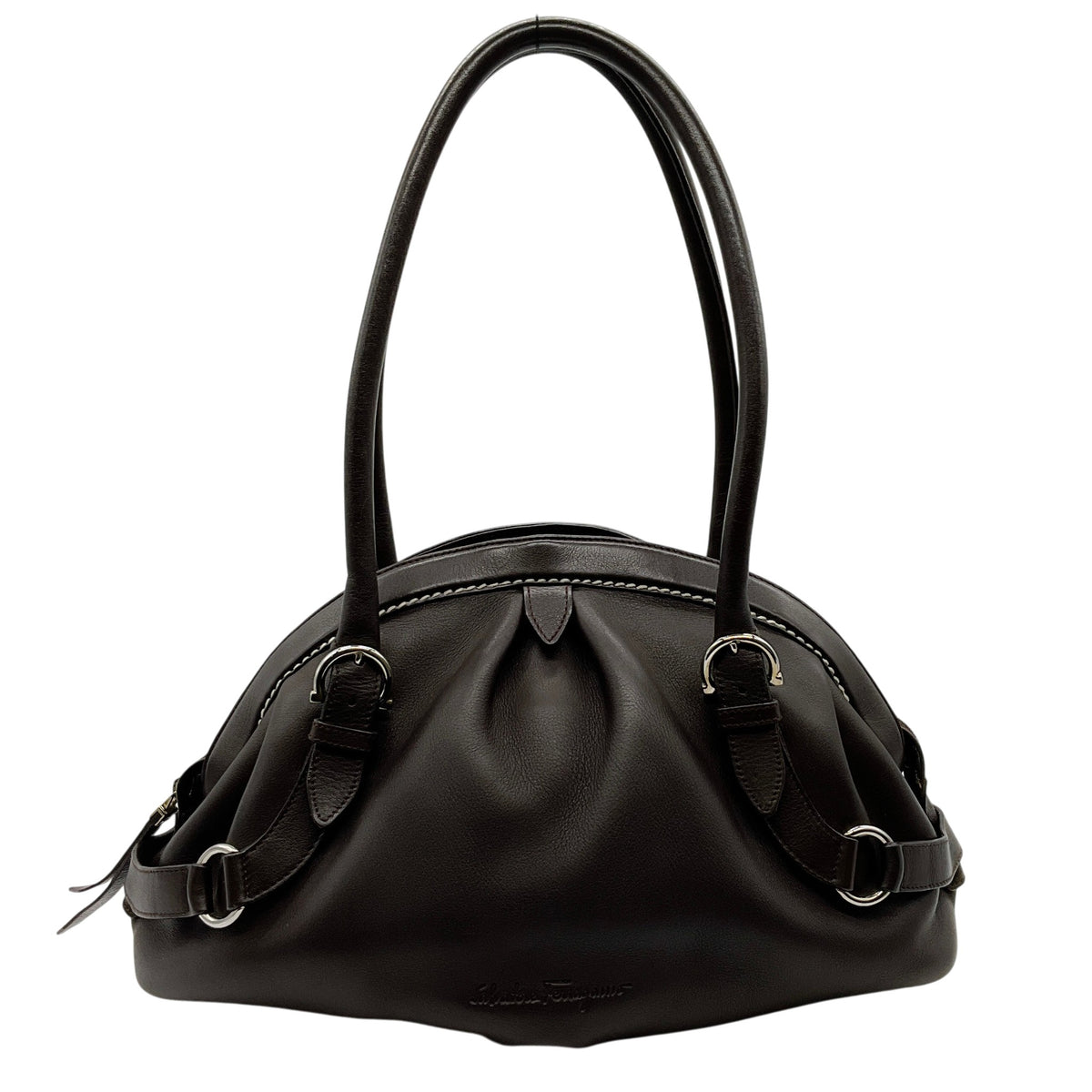 Salvatore Ferragamo Brown Leather Ruched Shoulder Bag
