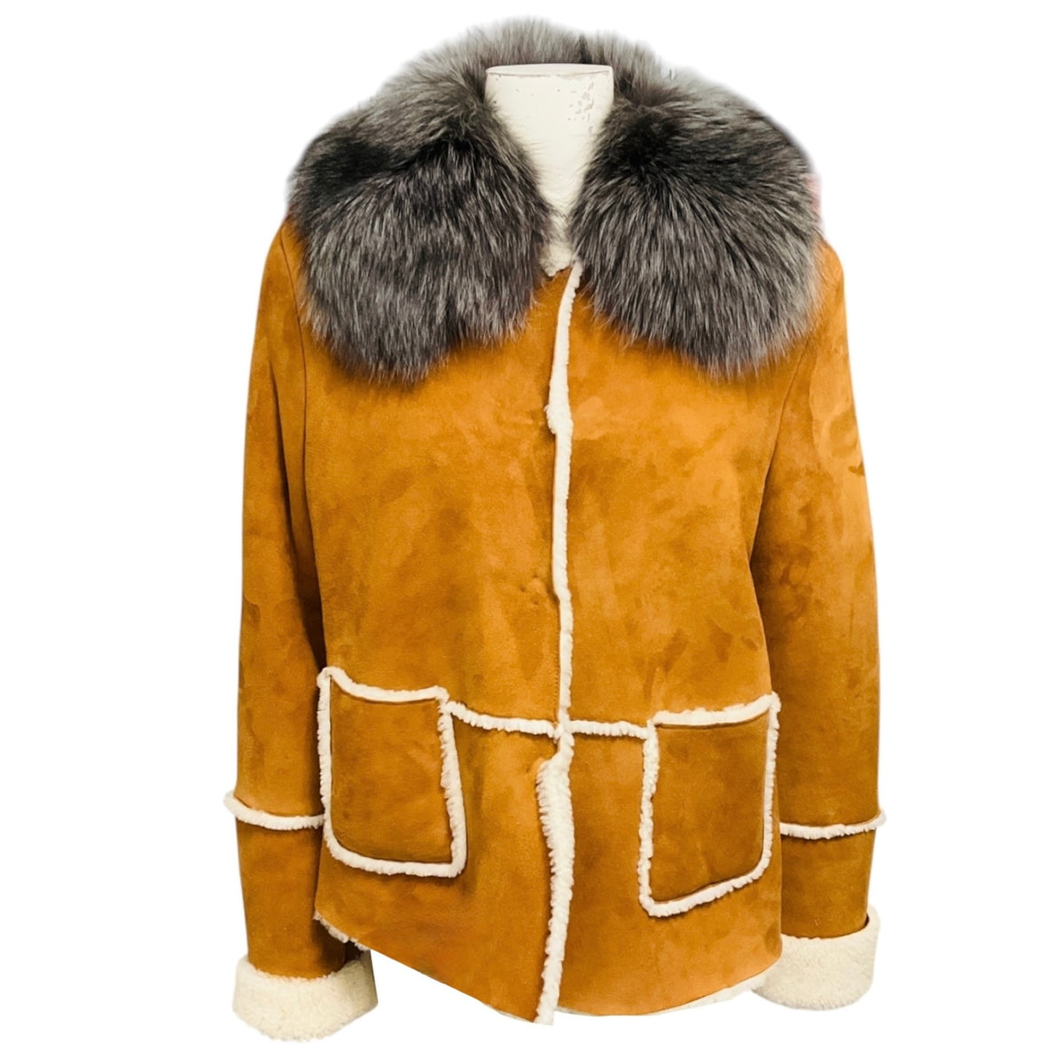 Eleventy Cognac Shearling Lined Suede Jacket with Fox Fur Collar