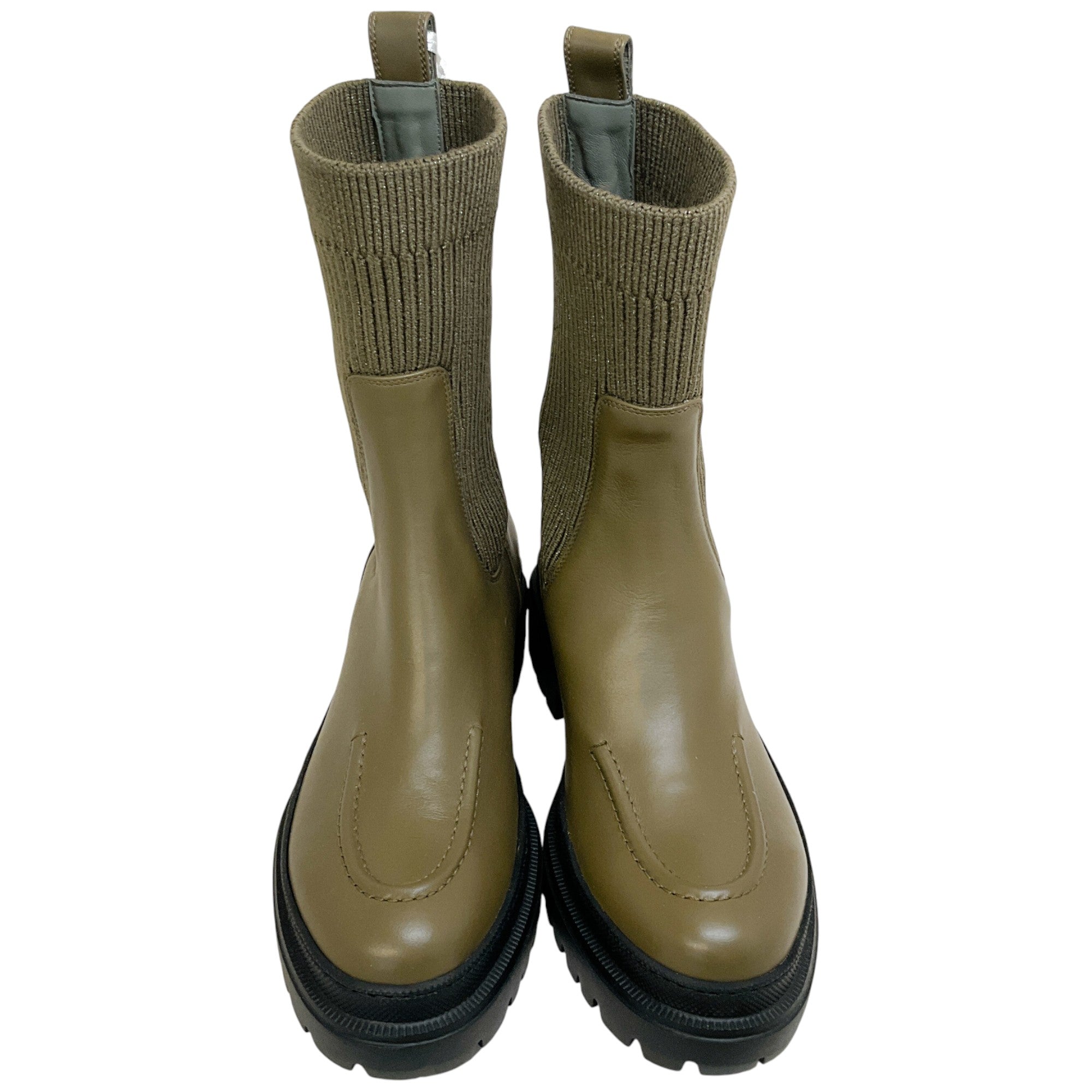 Peserico Olive Leather Boots with Ribbed Knit