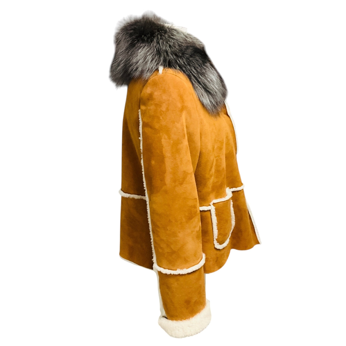 Eleventy Cognac Shearling Lined Suede Jacket with Fox Fur Collar