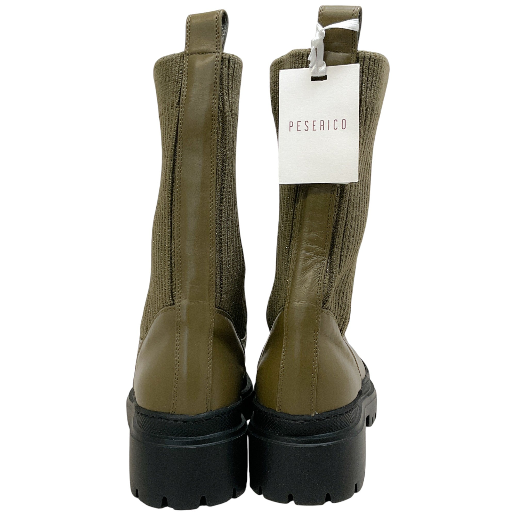 Peserico Olive Leather Boots with Ribbed Knit