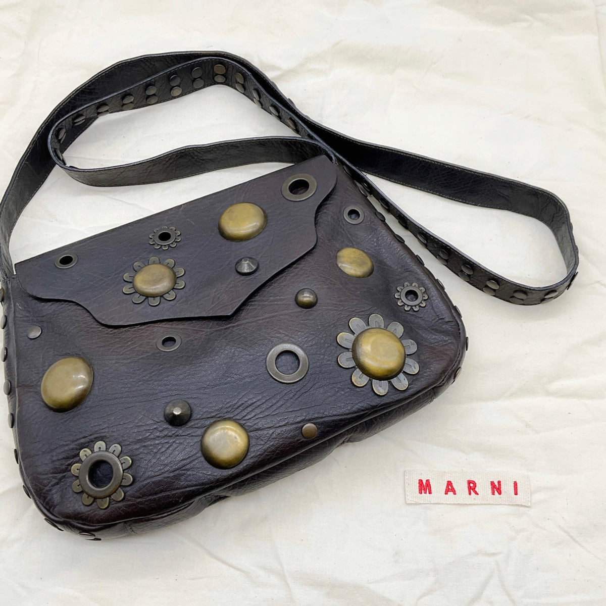Marni Brown Leather Grommet Crossbody Bag