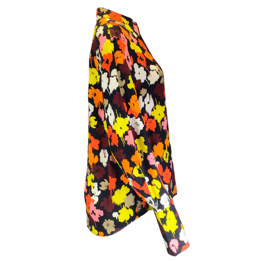 Maison Rabih Kayrouz Black / Orange Multi Floral Printed Long Sleeved Button-down Blouse