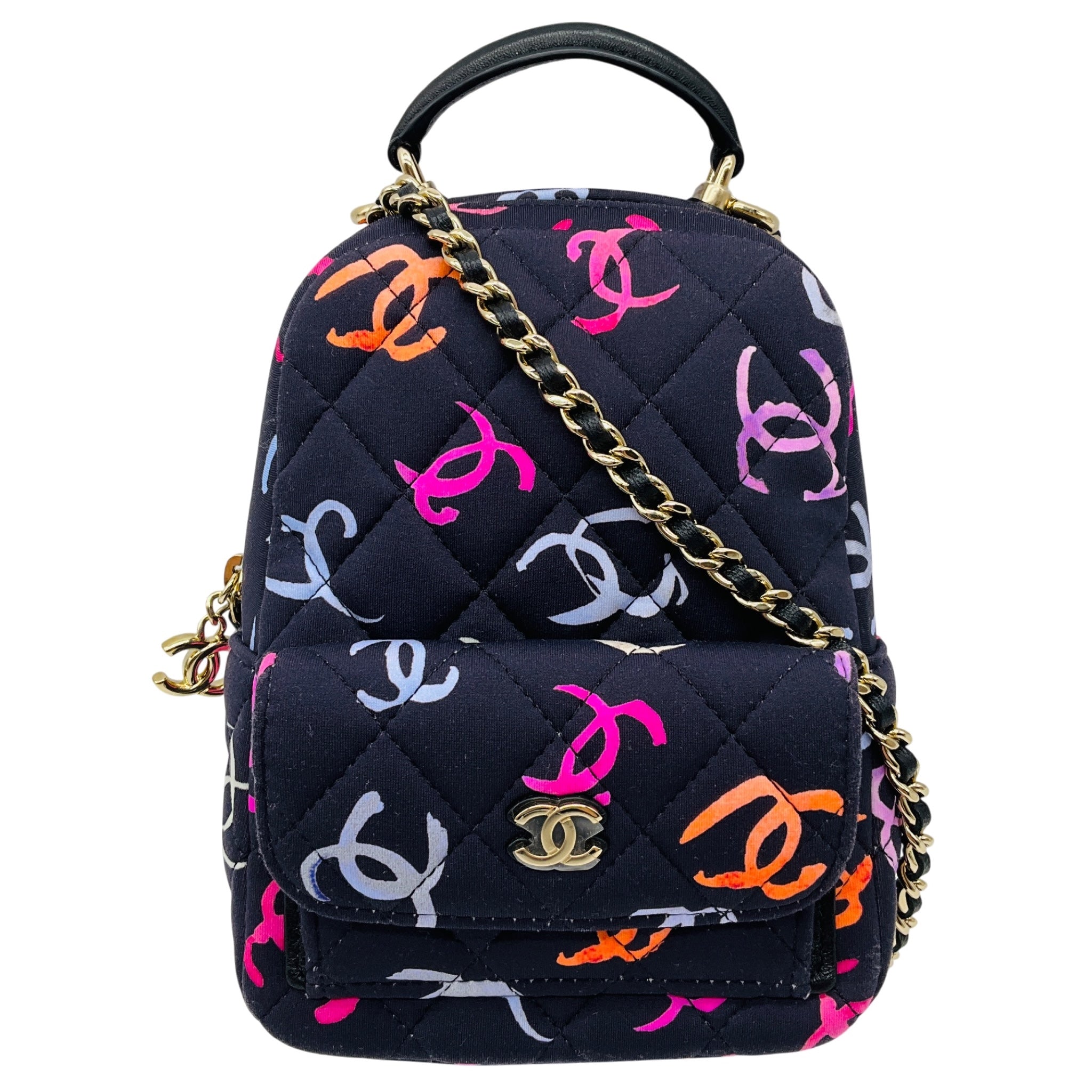 Chanel Navy Multi Classic CC Chain Pocket CC Logo Printed Quilted Fabric Mini Backpack