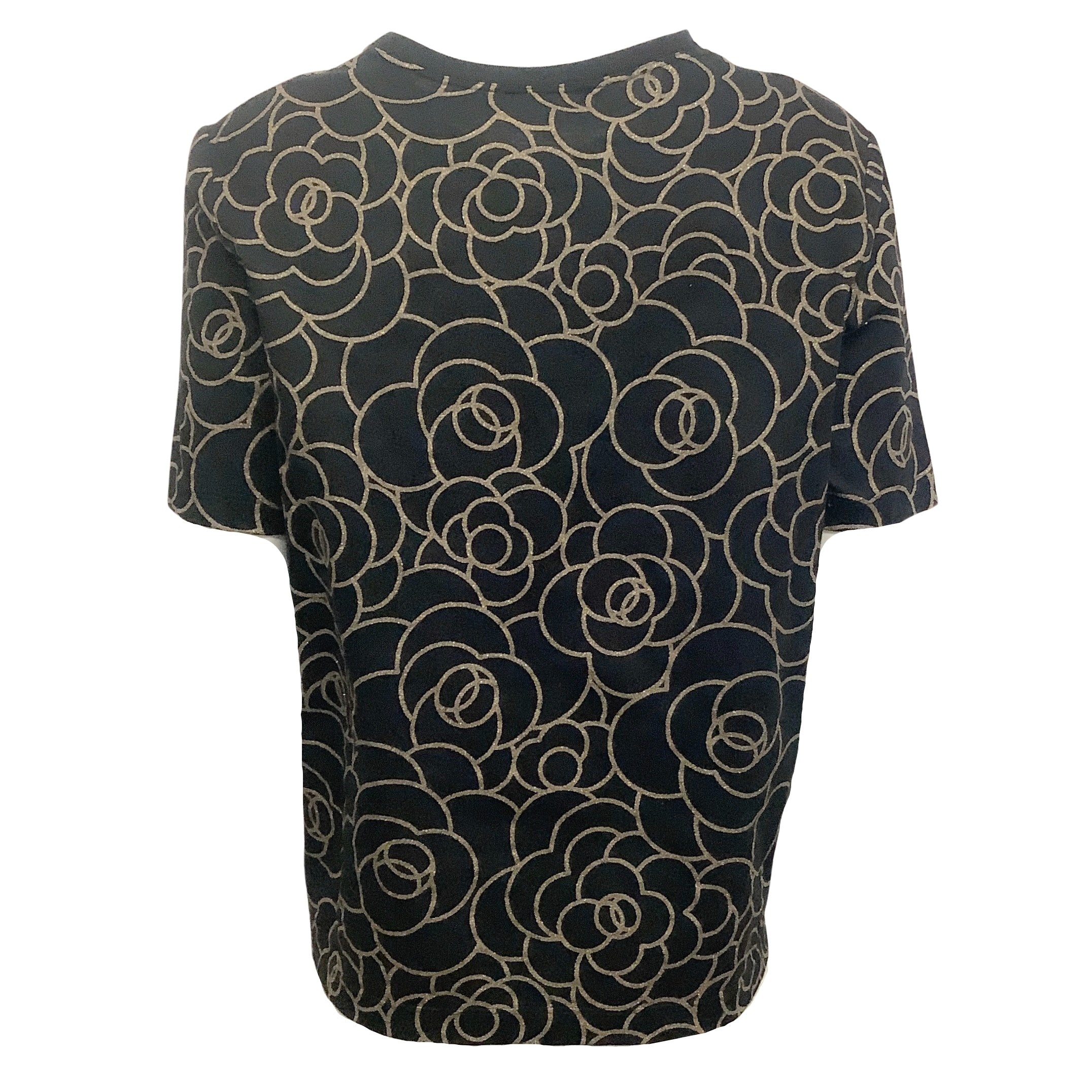 Chanel Black / Gold Camellia Print Short Sleeved Tee Shirt