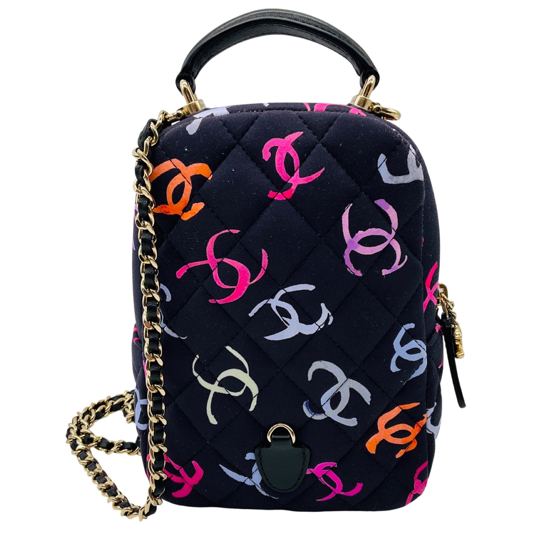 Chanel Navy Multi Classic CC Chain Pocket CC Logo Printed Quilted Fabric Mini Backpack